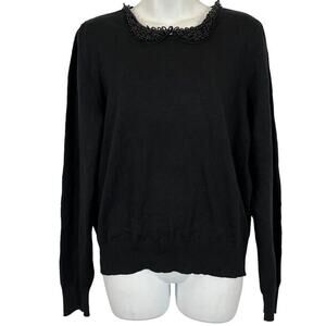 Draper James RSVP Womens Beaded Peter Pan Collar Black Puff Sleeve Sweater L